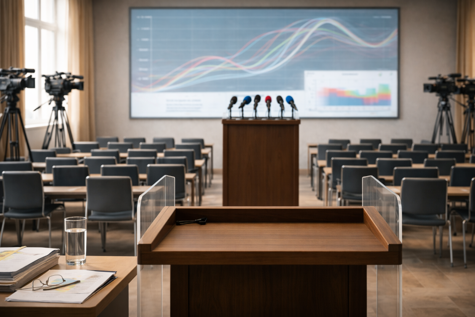 Sala stampa vuota con podio, microfoni, telecamere e uno schermo che proietta grafici e dati.