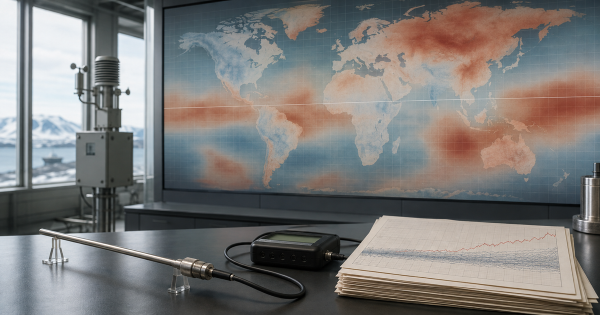 Laboratorio climatico con sensore di temperatura, archivio di tracciati e mappa globale astratta delle anomalie termiche.