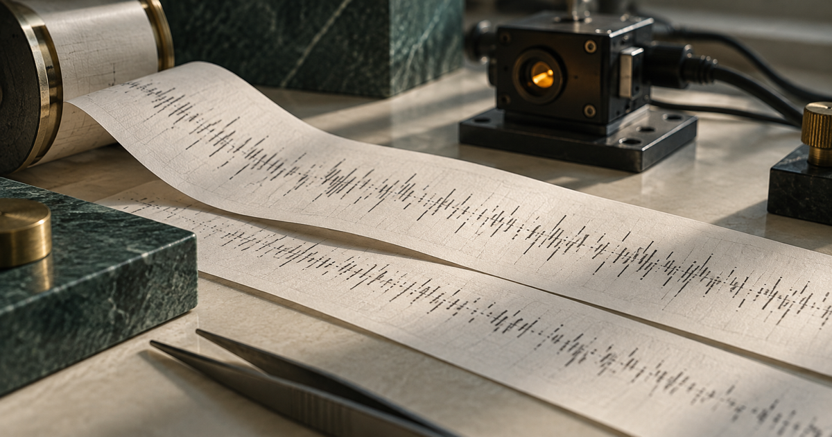 Due nastri di carta con sequenze di segni scuri su un banco chiaro, accanto a un modulo ottico con cablaggi. Non rappresenta dati o un esperimento reale.