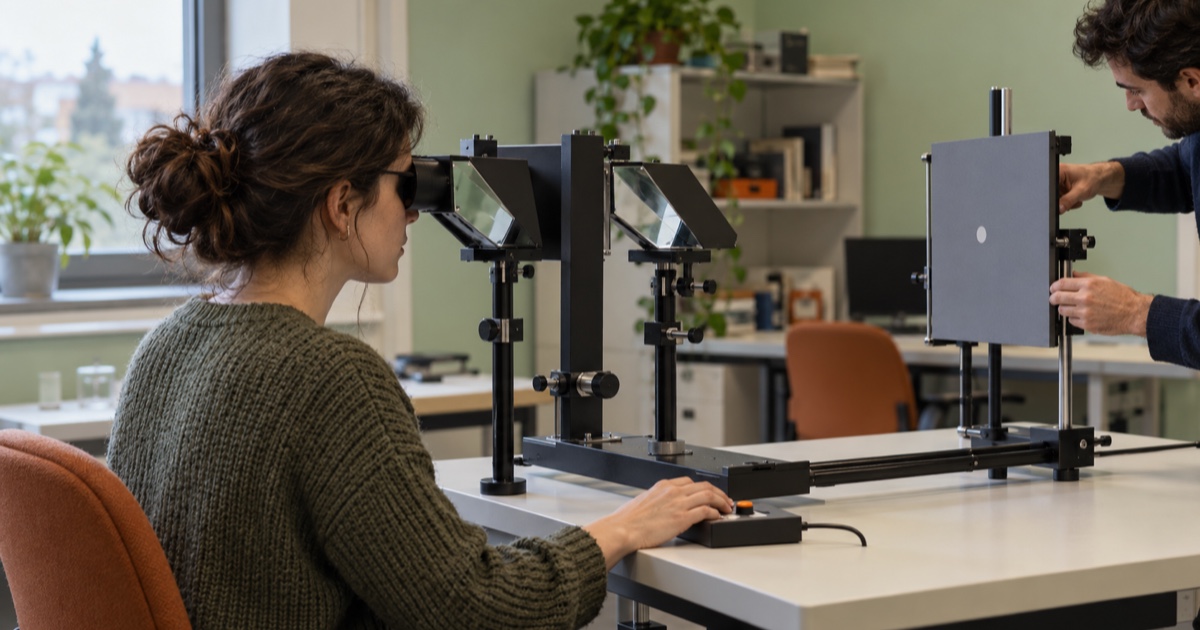 Scena illustrativa generata con IA: una partecipante osserva un apparato ottico mentre un ricercatore regola lo stimolo in un laboratorio di psicologia della percezione.