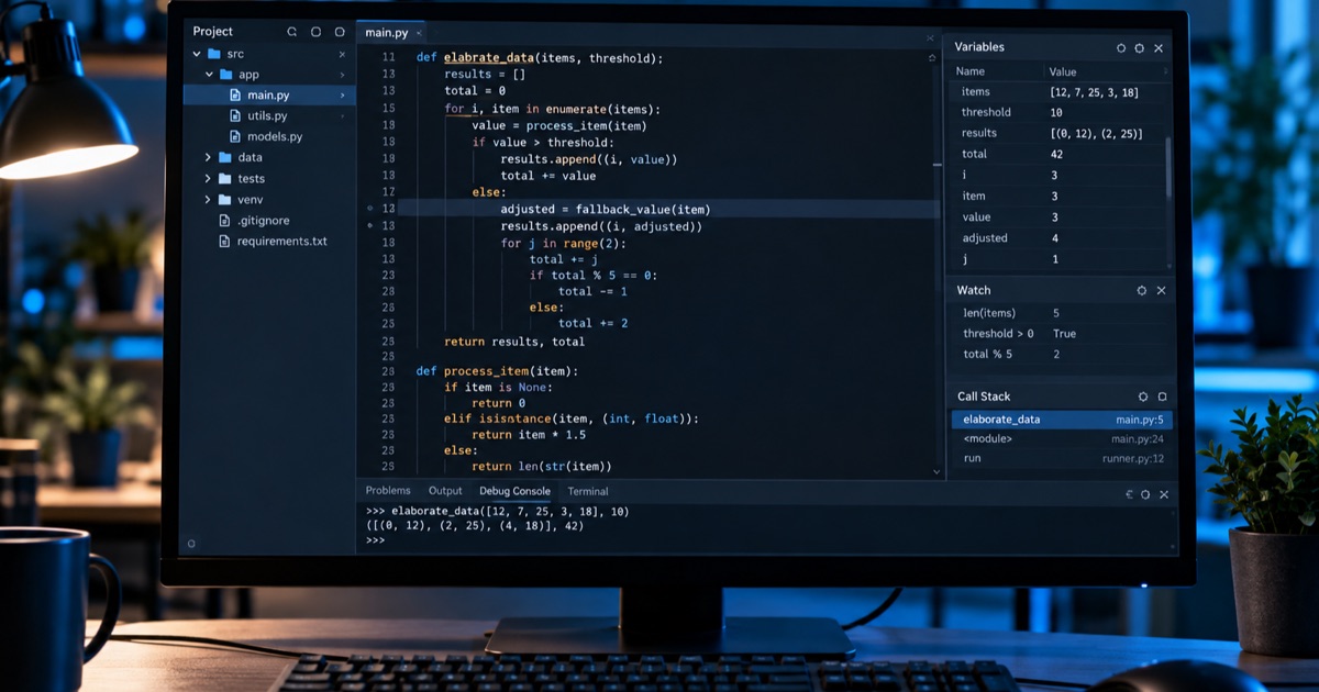 Illustrazione generata di una postazione di programmazione: monitor con editor di codice scuro, blocchi rientrati, condizioni e cicli, accanto a tastiera e mouse.